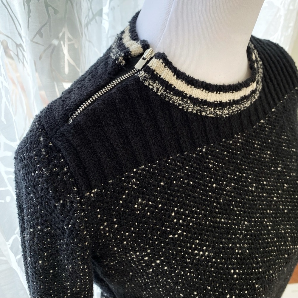 MAJE FIERE black knit white stripe trim crewneck zipper shoulder detail sweater - Picture 2 of 12